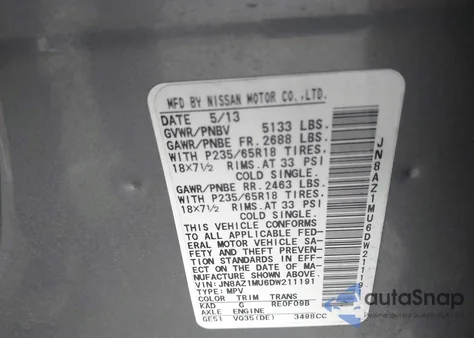 2013 Nissan Murano Sl z USA, uszkodzony, nr VIN JN8AZ1MU6DW211191